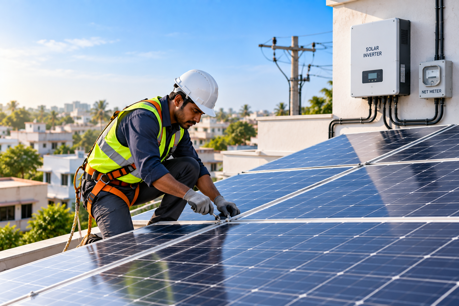 Technician installing rooftop solar panels — solar installation in Kataka, Odisha
